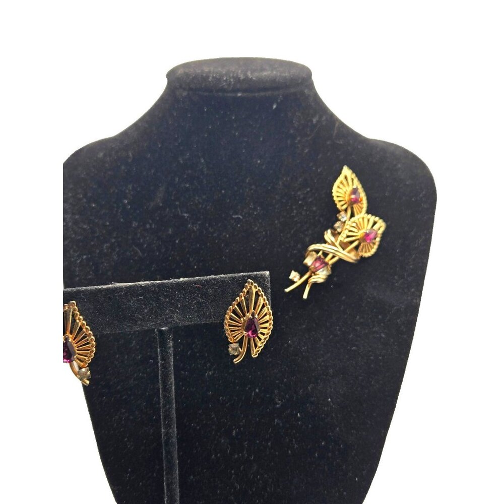 Vintage Scitarelli Demi Parure – 1940s Brooch & Earrings – Gold Plated, Amethyst